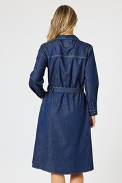 A model wearing the Capetown Denim Dress in colour Denim (Blue), from the back