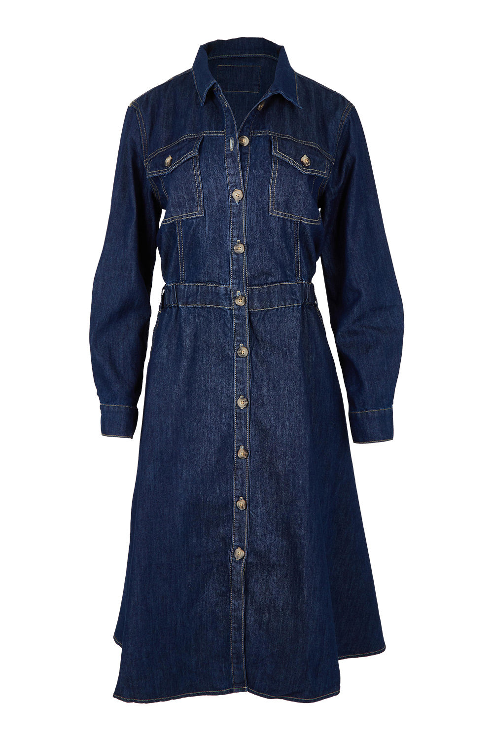 Product shot of the Capetown Denim Dress in colour Denim (Blue), from the front