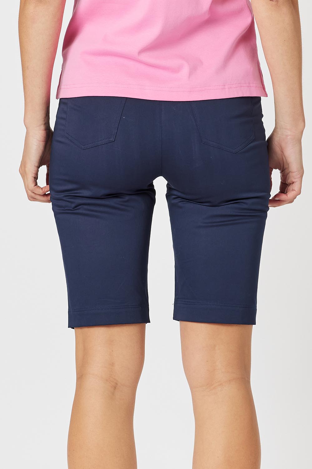 A model wearing the San Marino Cotton Shorts in colour Navy (Blue), from the back