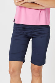 A model wearing the San Marino Cotton Shorts in colour Navy (Blue), from the front, cropped image