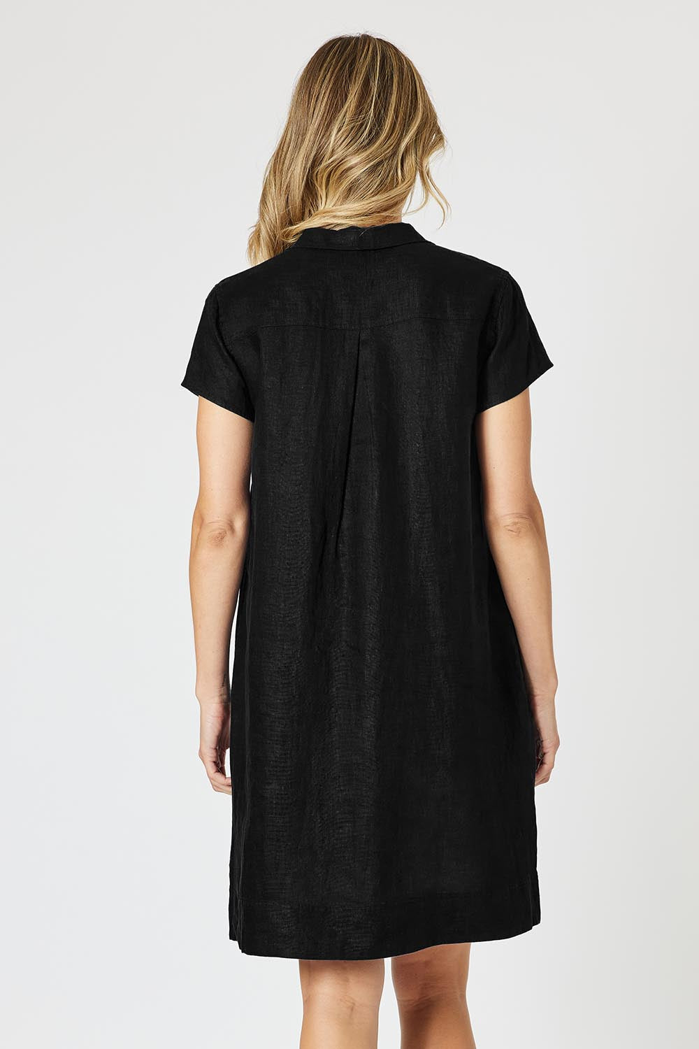 A model wearing the Delta Lino Linen Blend Dress in colour Black (Black), from the back