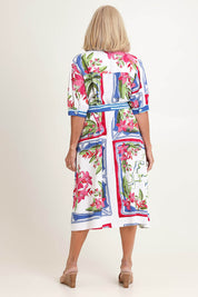 Model Sandy wearing size 10 of the Monaco Linen Blend Dress in colour Sardinia, from the back