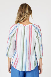 A model wearing the Havana Stripe Cotton Top in colour Basilmulti, from the back