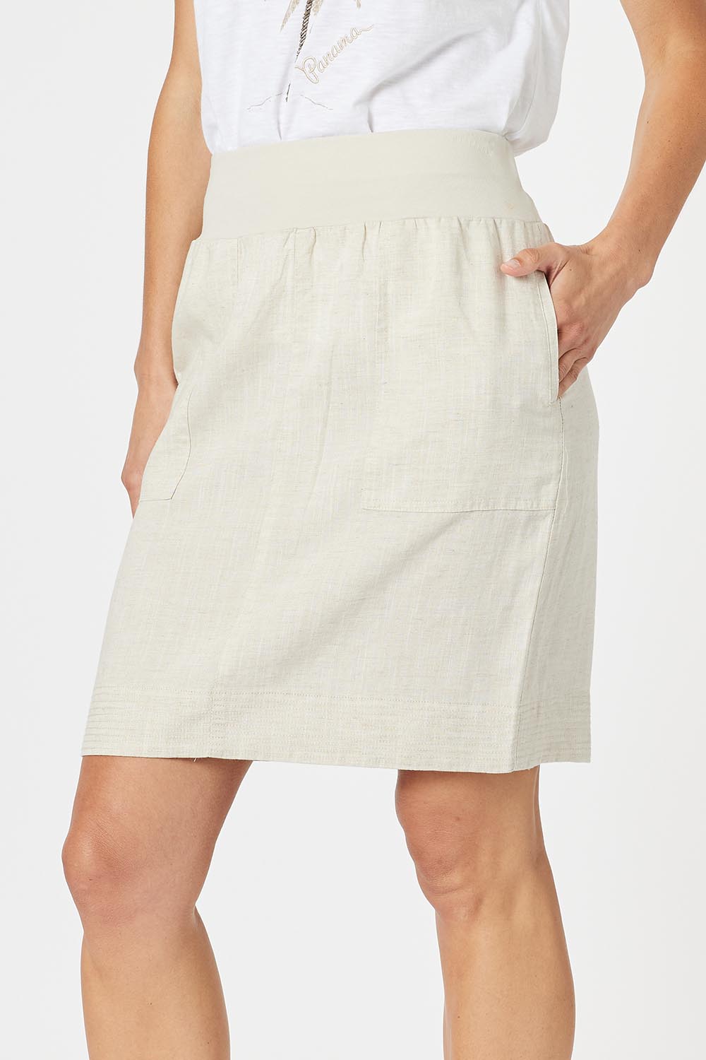 A model wearing the Lino Linen Blend Skirt in colour Natural, from the front, cropped image