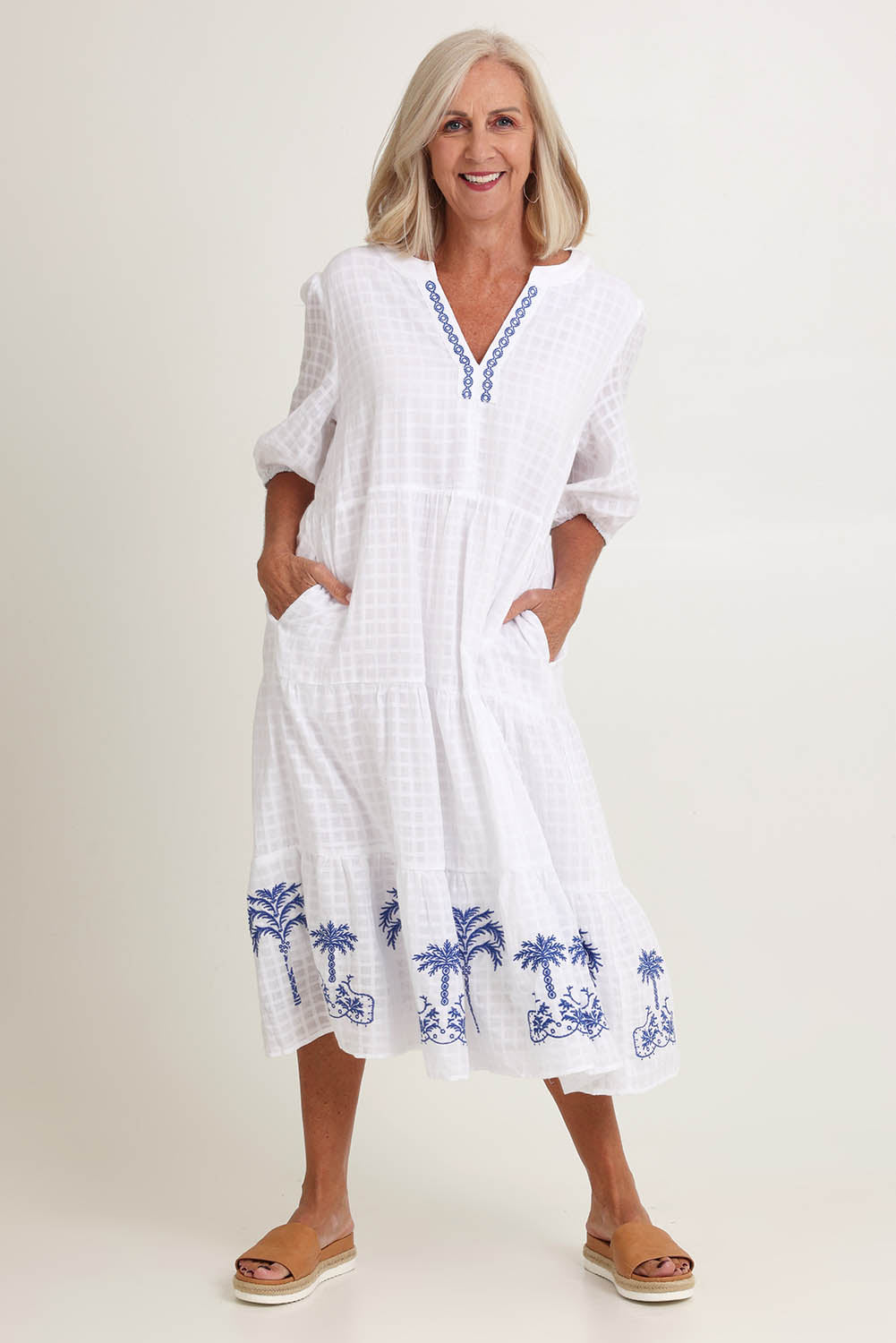 Model Sandy wearing size 10 of the Mykonos Embroidered Cotton Dress in colour White (White), from the front, showing the whole outfit