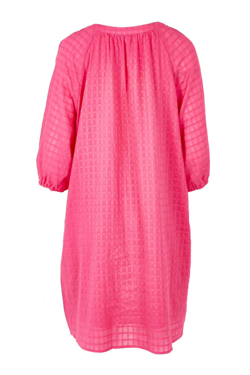 Product shot of the Mykonos Cotton Check Dress in colour Peony (Pink), from the back