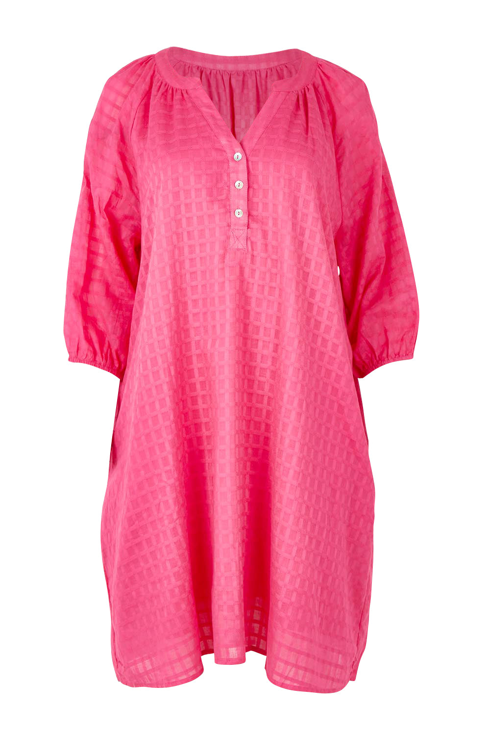 Product shot of the Mykonos Cotton Check Dress in colour Peony (Pink), from the front