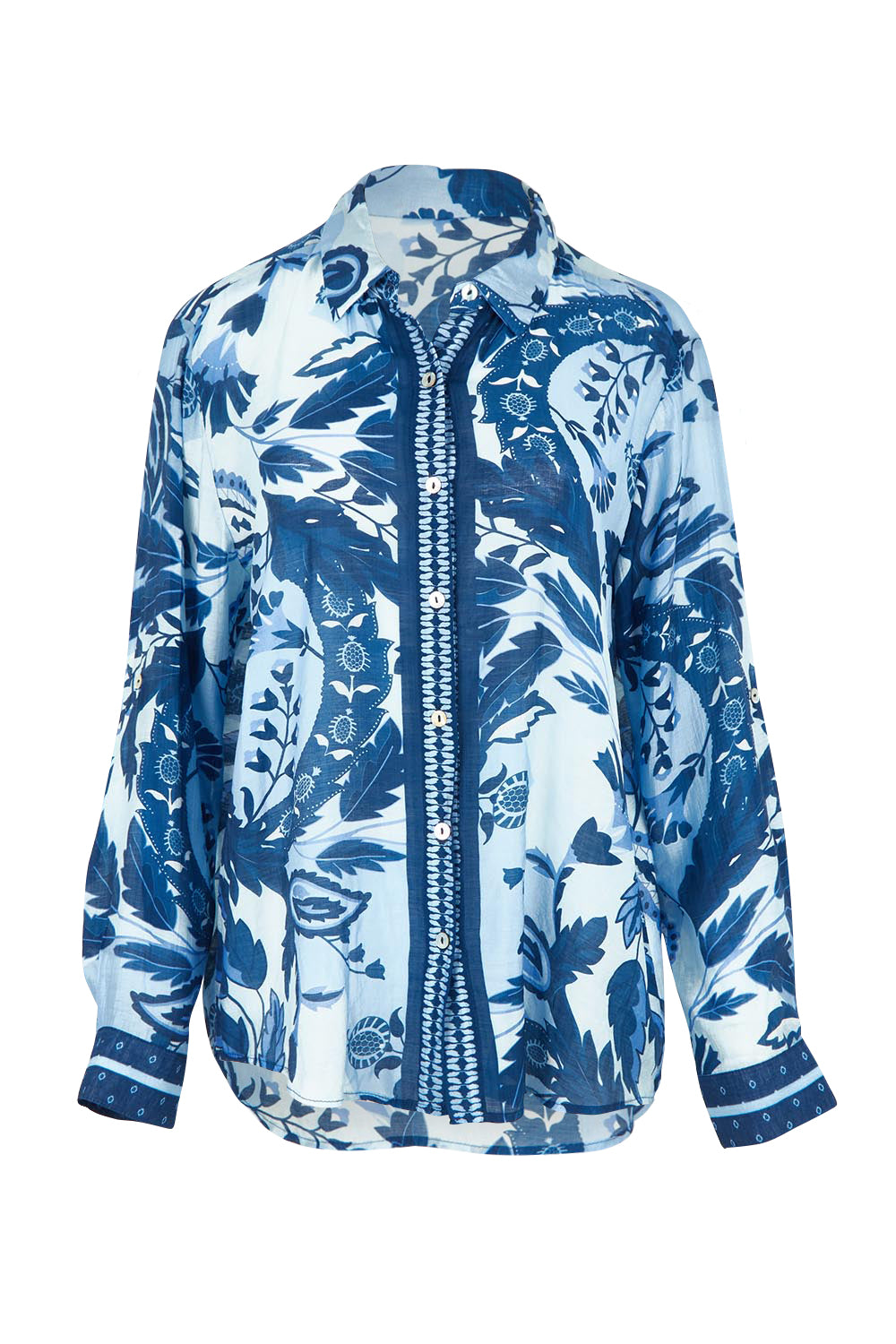 Product shot of the Newport Paisley Shirt in colour Blue (Blue), from the front