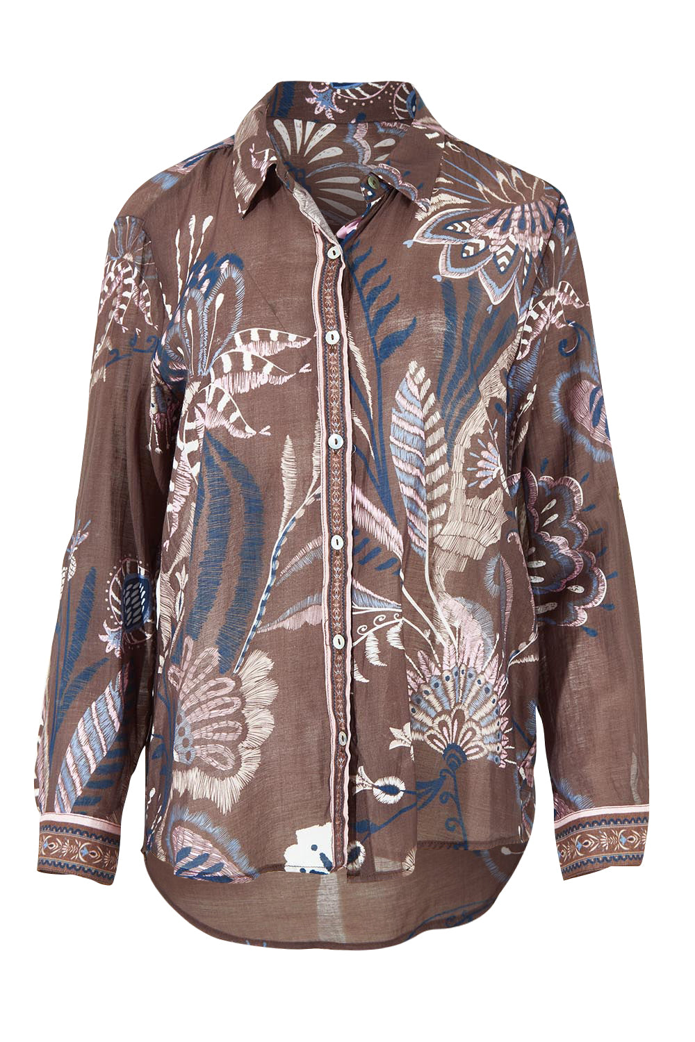 Product shot of the Montana Print Shirt in colour Coffee, from the front