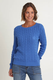 Model Riina wearing size S of the Hampton Cable Knit Jumper in colour Cobalt (Blue), from the front, cropped image