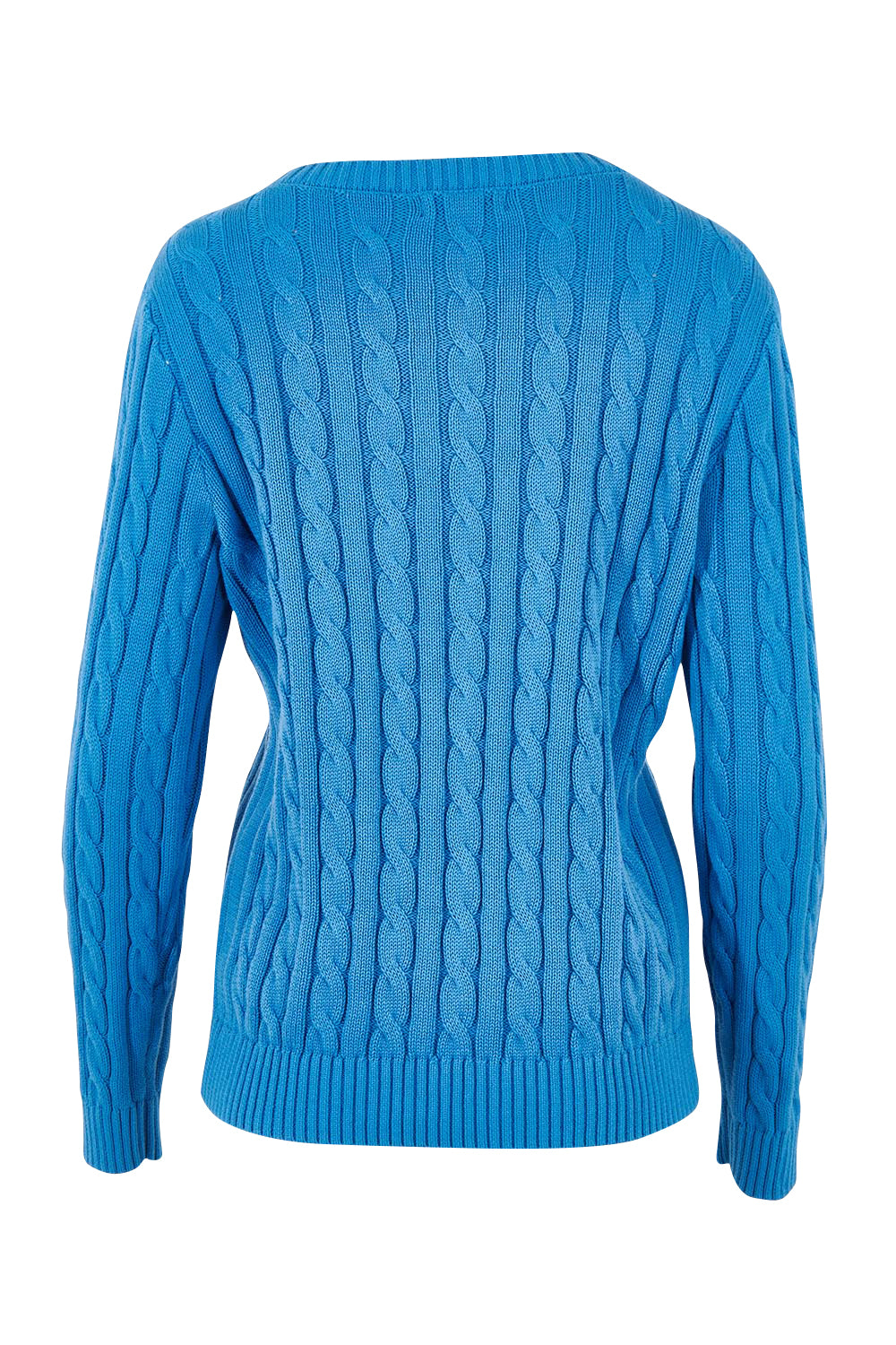 Product shot of the Hampton Cable Knit Jumper in colour Cobalt (Blue), from the back