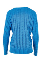 Product shot of the Hampton Cable Knit Jumper in colour Cobalt (Blue), from the back