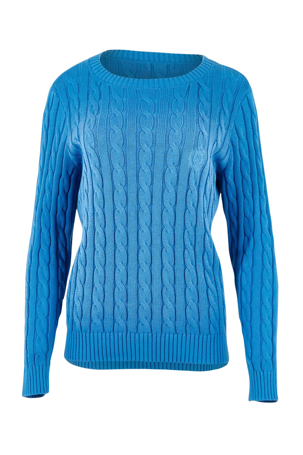 Product shot of the Hampton Cable Knit Jumper in colour Cobalt (Blue), from the front