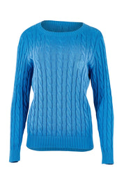 Product shot of the Hampton Cable Knit Jumper in colour Cobalt (Blue), from the front