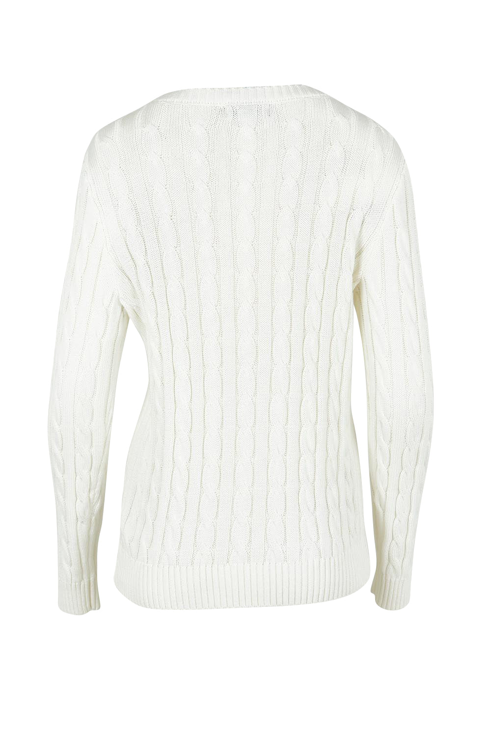 Product shot of the Hampton Cable Knit Jumper in colour Ivory (White), from the back