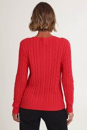 Model Riina wearing size S of the Hampton Cable Knit Jumper in colour Red (Red), from the back