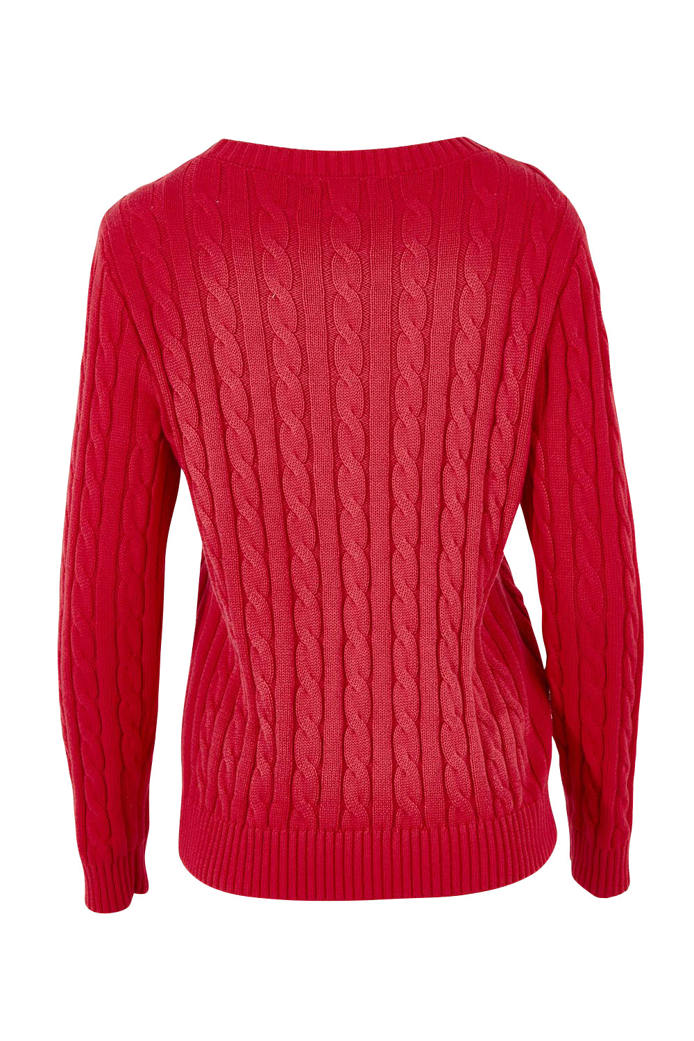 Product shot of the Hampton Cable Knit Jumper in colour Red (Red), from the back