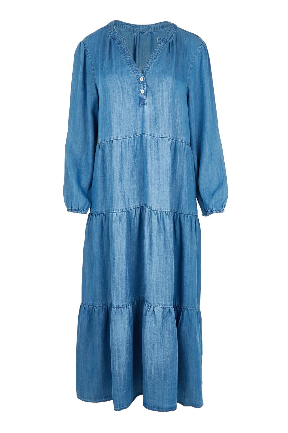 Product shot of the Macy Lyocell Dress in colour Denim (Blue), from the front
