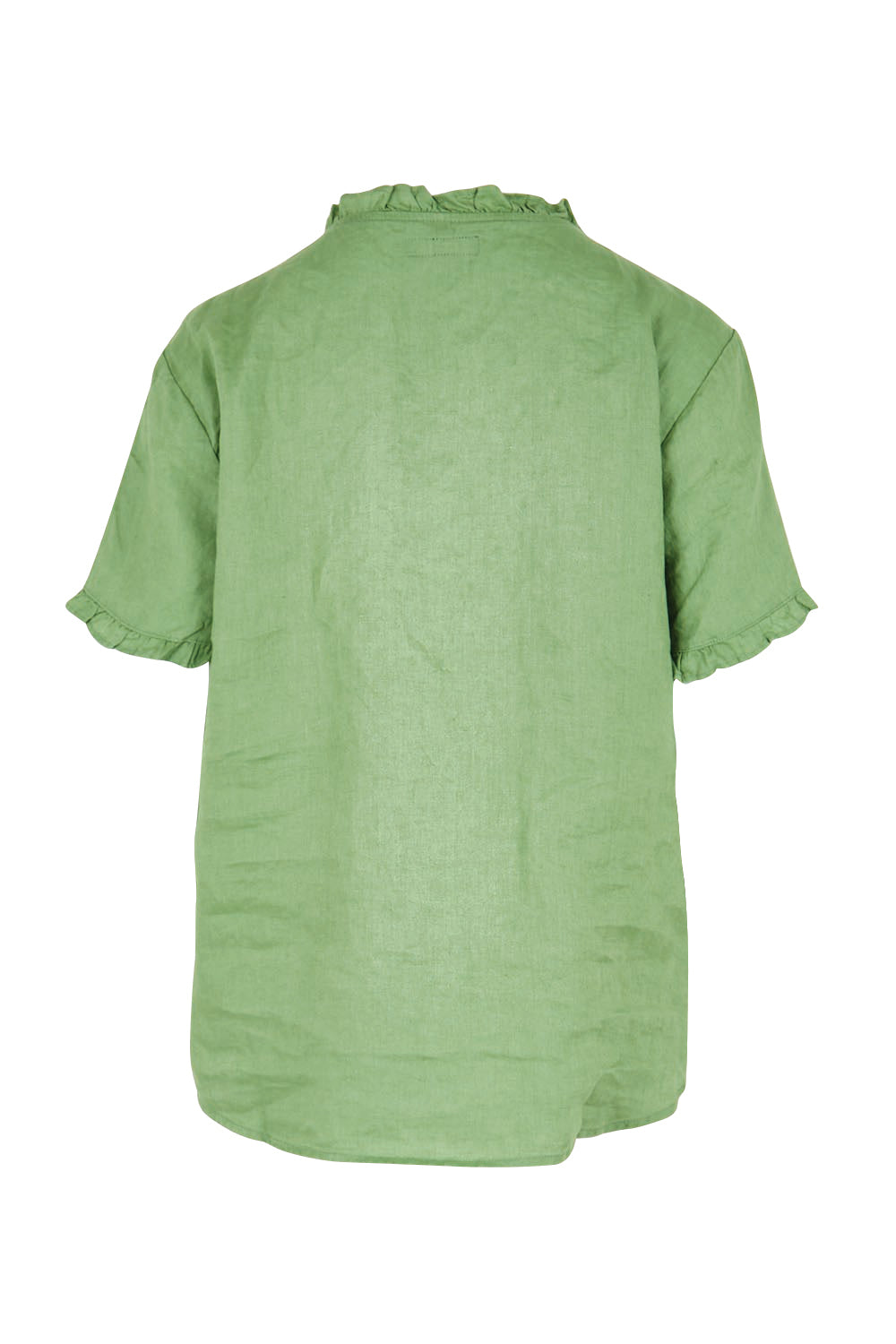 Product shot of the Audrey Ruffle Linen Top - Fern in colour Fern, from the back