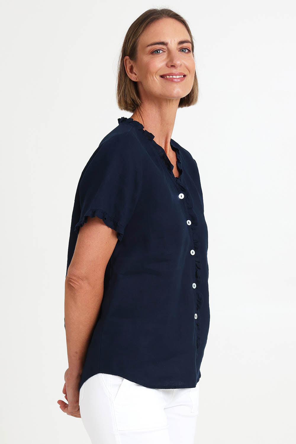 Audrey Ruffle Linen Top - Navy