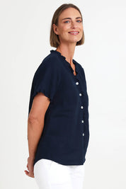 Audrey Ruffle Linen Top - Navy