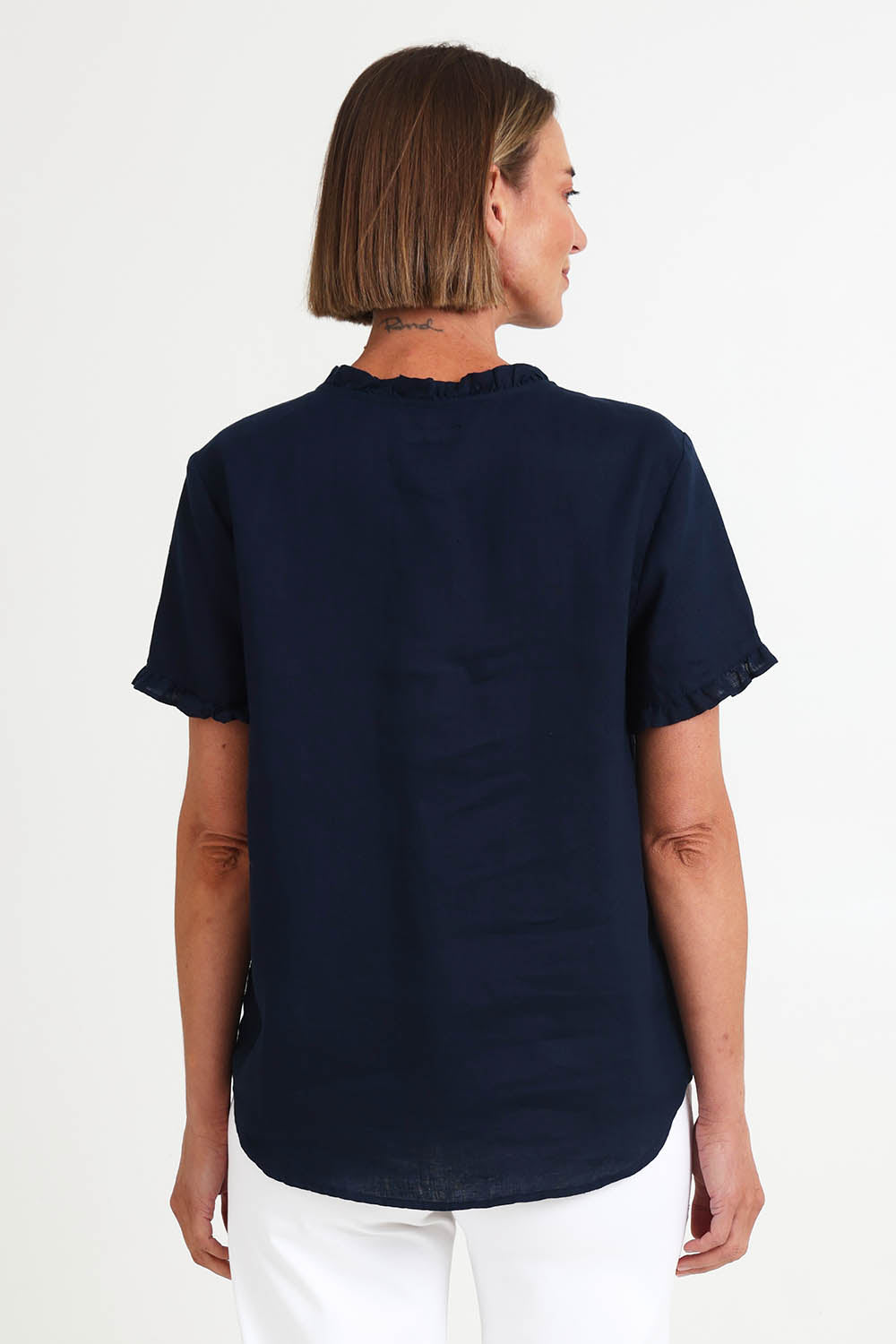 Audrey Ruffle Linen Top - Navy