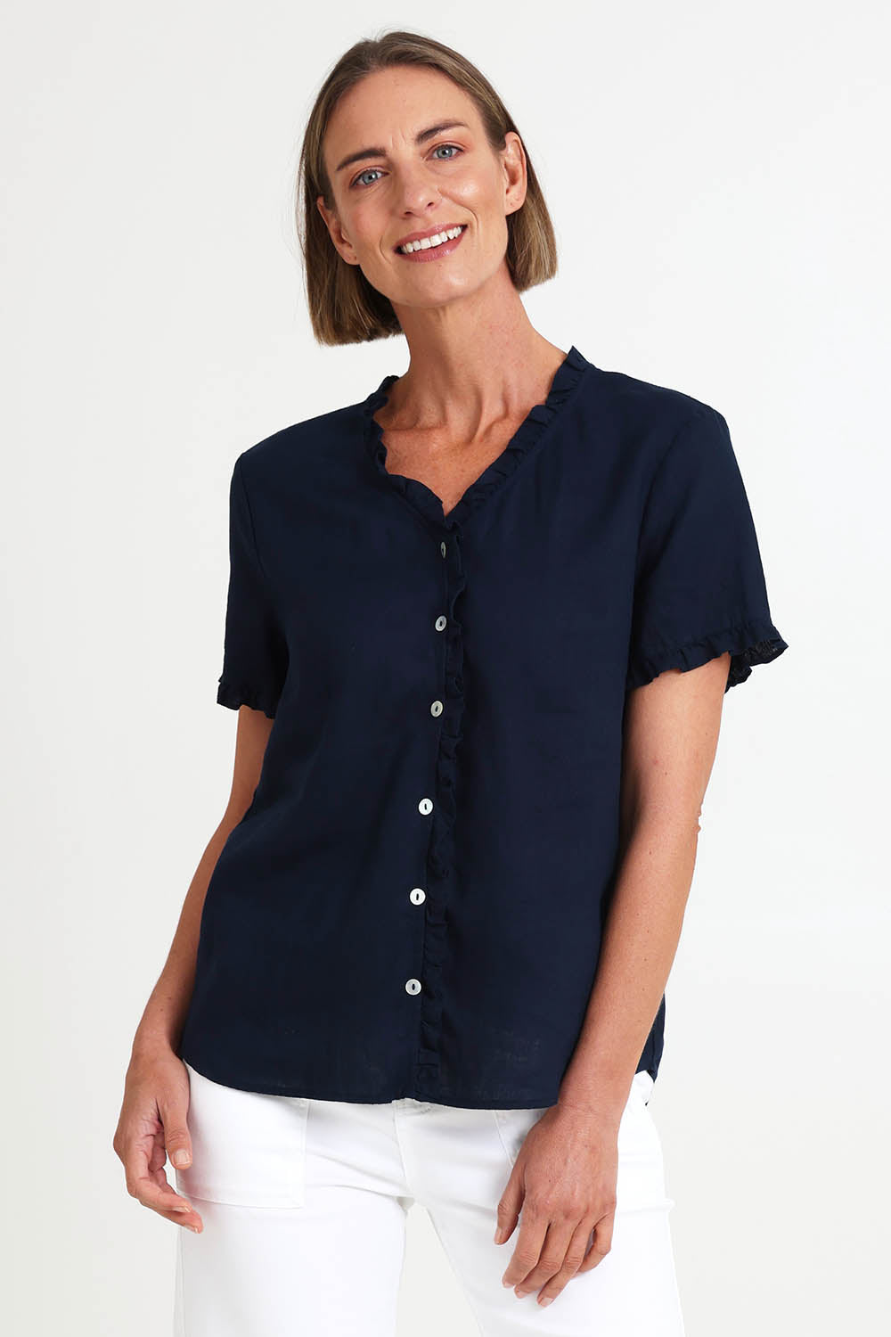 Audrey Ruffle Linen Top - Navy