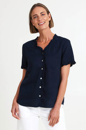 Audrey Ruffle Linen Top - Navy