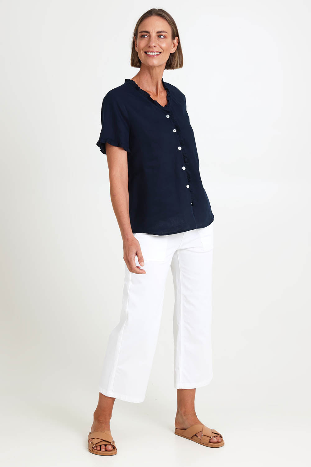 Audrey Ruffle Linen Top - Navy