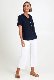 Audrey Ruffle Linen Top - Navy