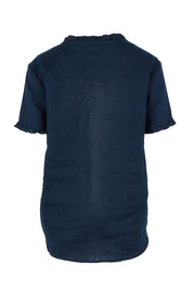 Audrey Ruffle Linen Top - Navy