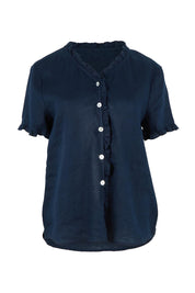 Audrey Ruffle Linen Top - Navy