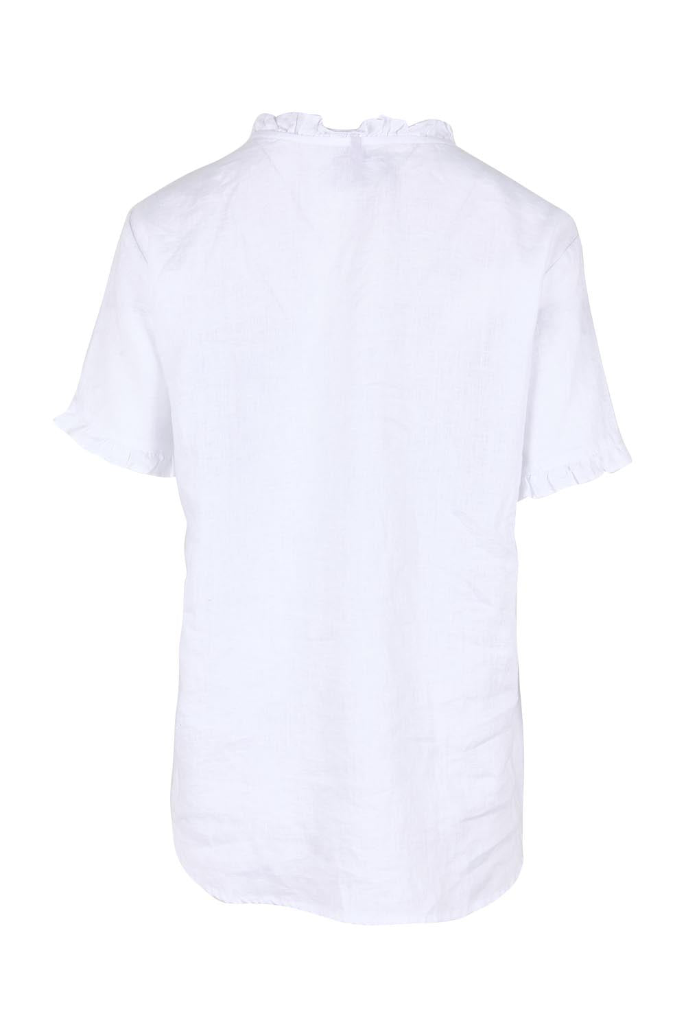 Product shot of the Audrey Ruffle Linen Top - White in colour White, from the back