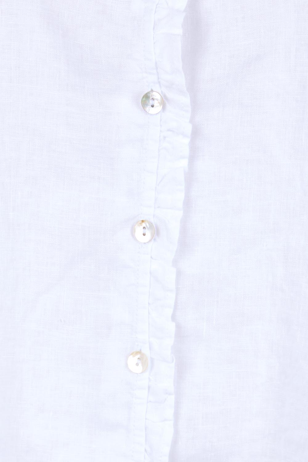 Product shot of the Audrey Ruffle Linen Top - White in colour White, showing detail