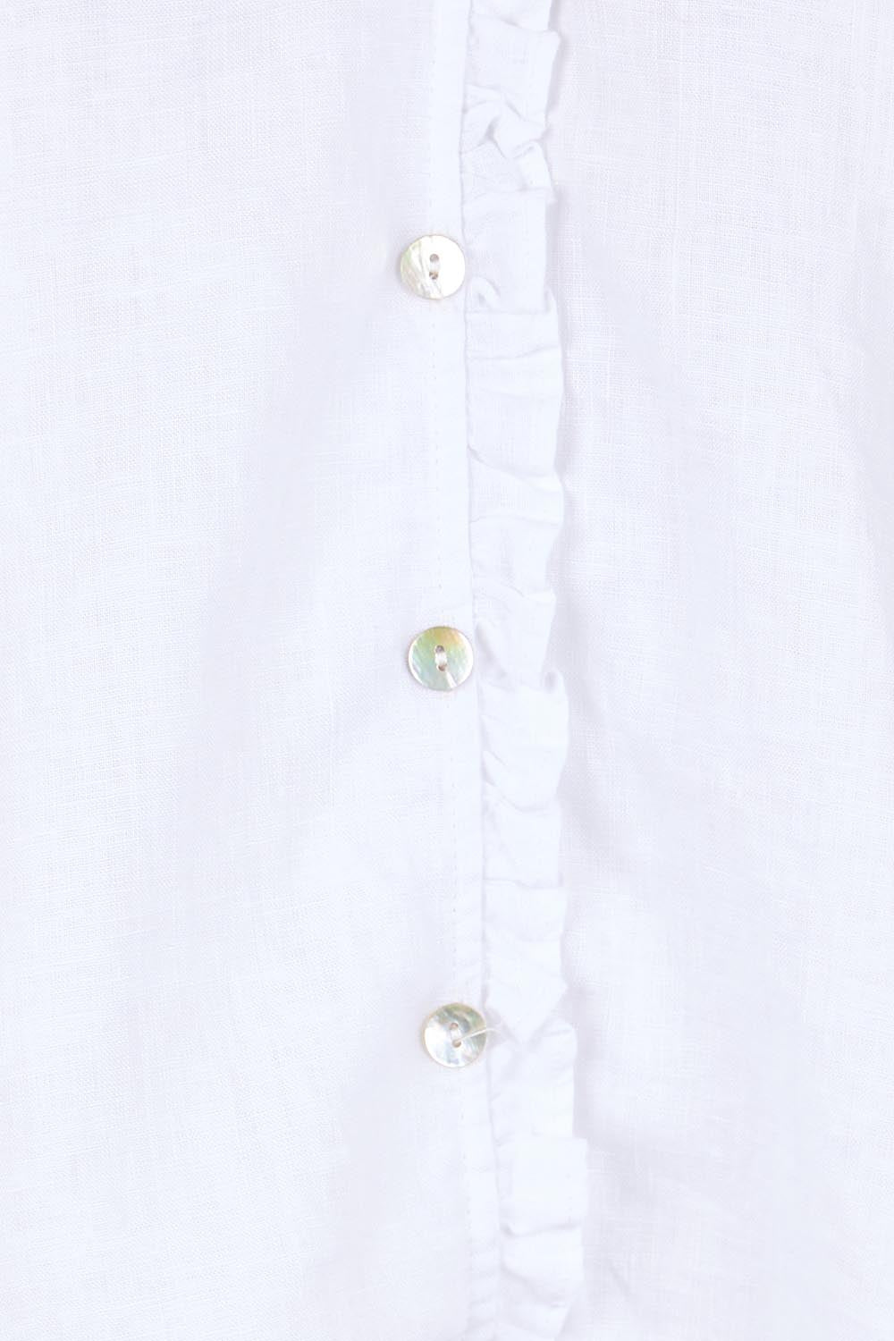 Product shot of the Audrey Ruffle Linen Top - White in colour White, showing detail
