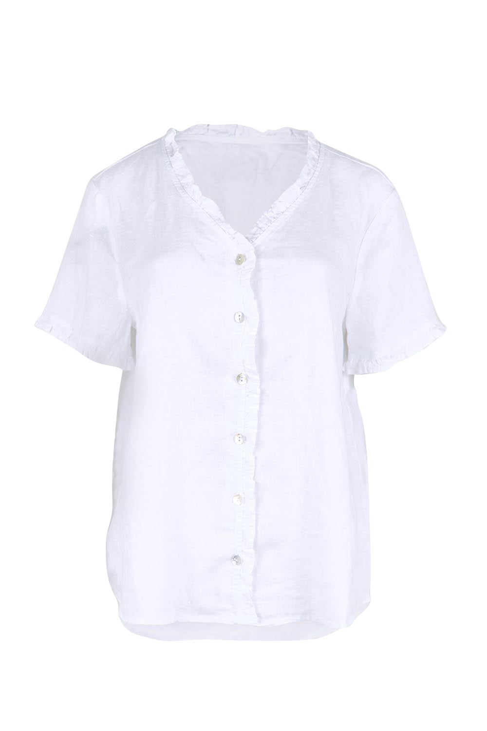 Product shot of the Audrey Ruffle Linen Top - White in colour White, from the front