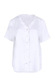 Product shot of the Audrey Ruffle Linen Top - White in colour White, from the front