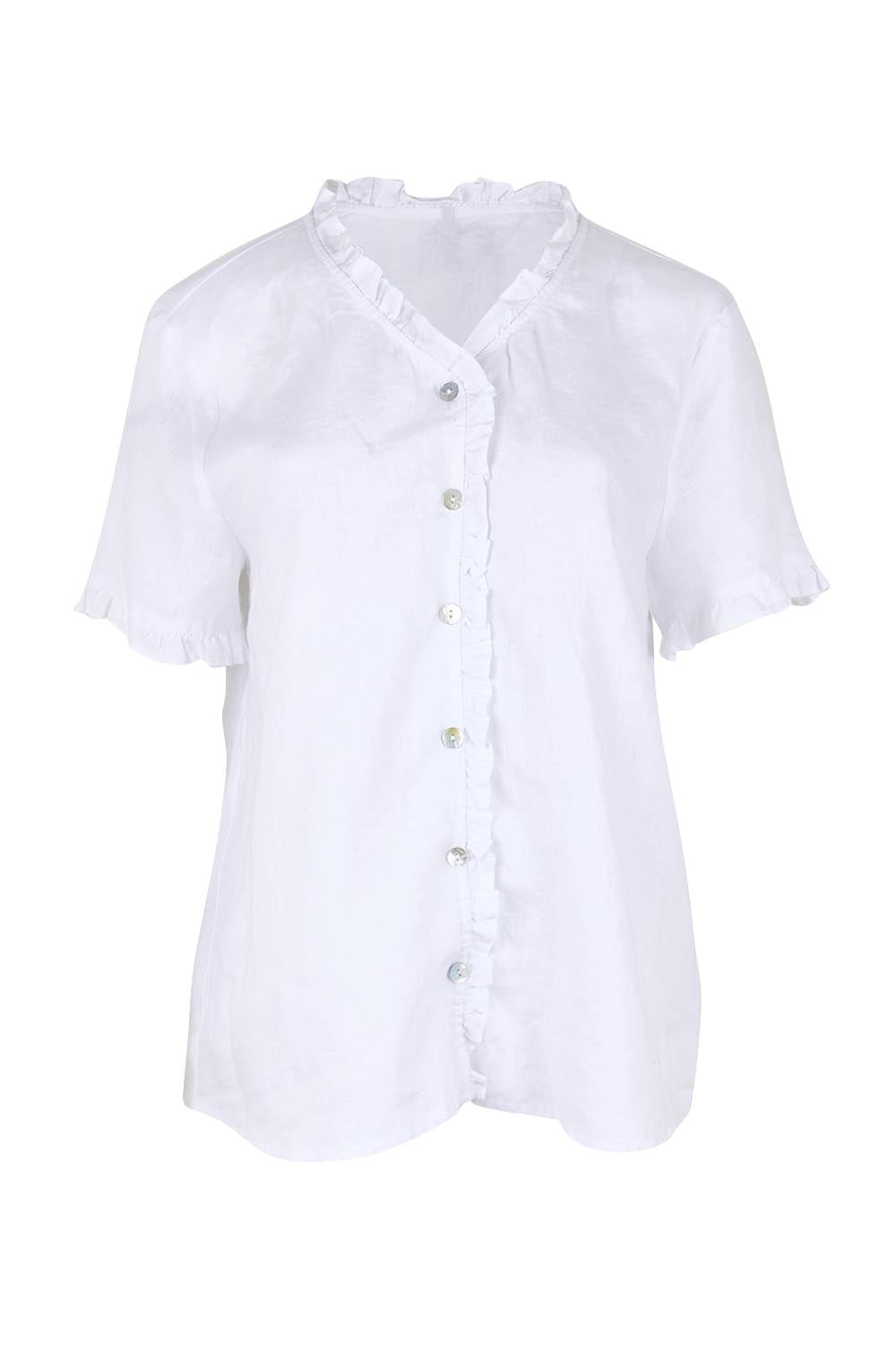 Product shot of the Audrey Ruffle Linen Top - White in colour White, from the front