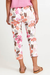 Model Riinar wearing size 10 of the Amalfi Rose Print Pant – Pinkmulti in colour Pinkmulti, from the back