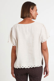 Model Riinar wearing size 10 of the Lilly Linen Top – Natural in colour Natural, from the back