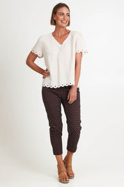 Model Riinar wearing size 10 of the Lilly Linen Top – Natural in colour Natural, from the front