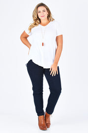 Model Fiona wearing size 16 of the Slim Miracle Denim Jeans in colour Denim (Blue), from the front, showing the whole outfit