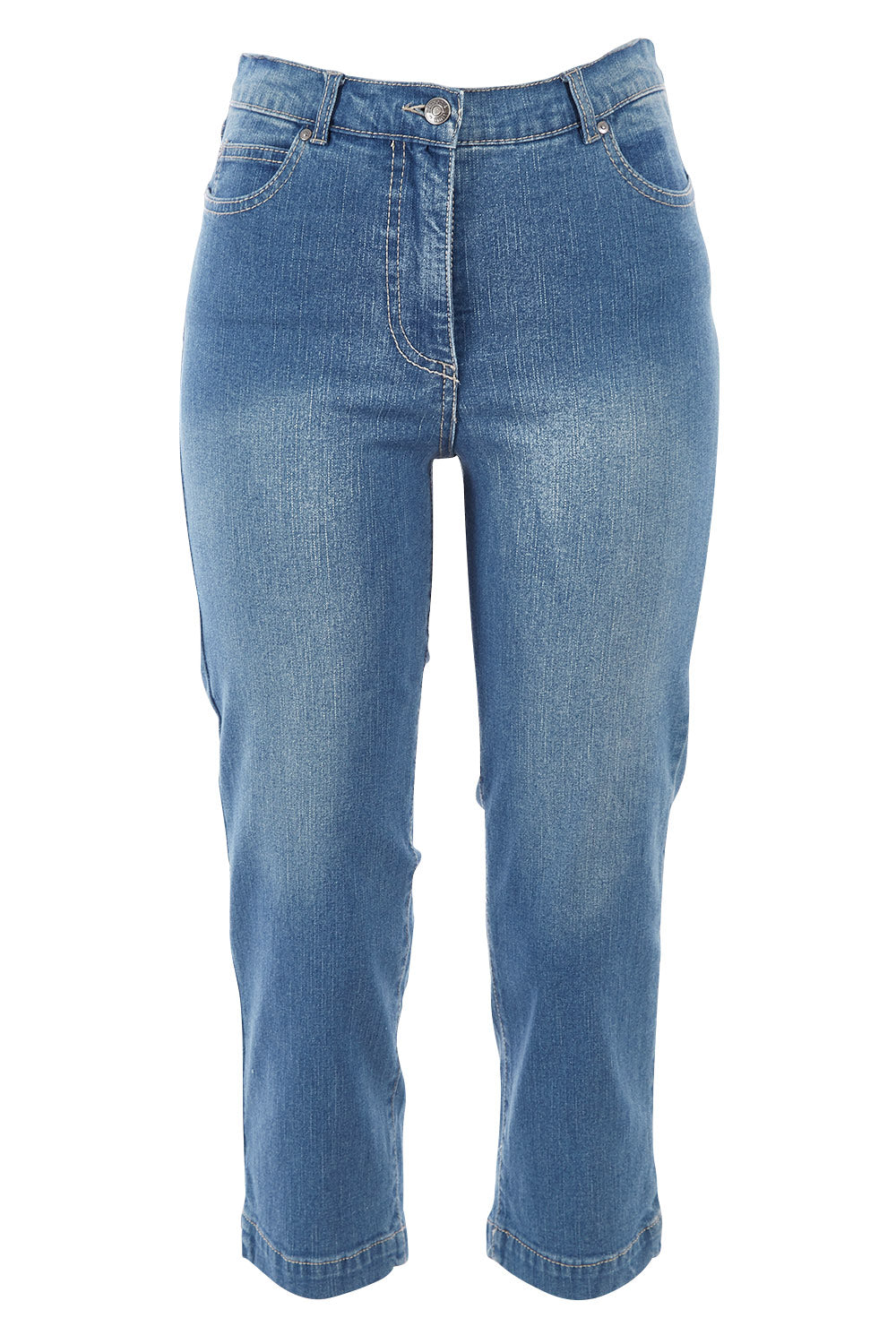 Product shot of the Cropped Miracle Jean in colour Bleached (Blue), from the front