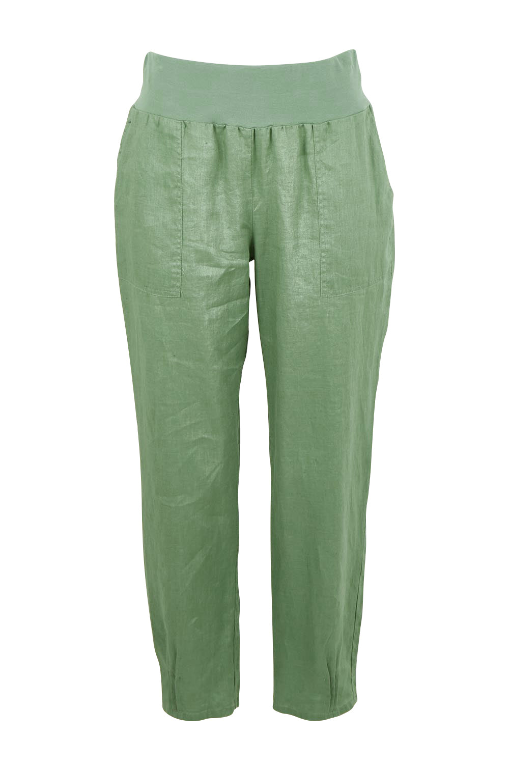 Product shot of the Pull On Linen Pant - Fern in colour Fern, from the front