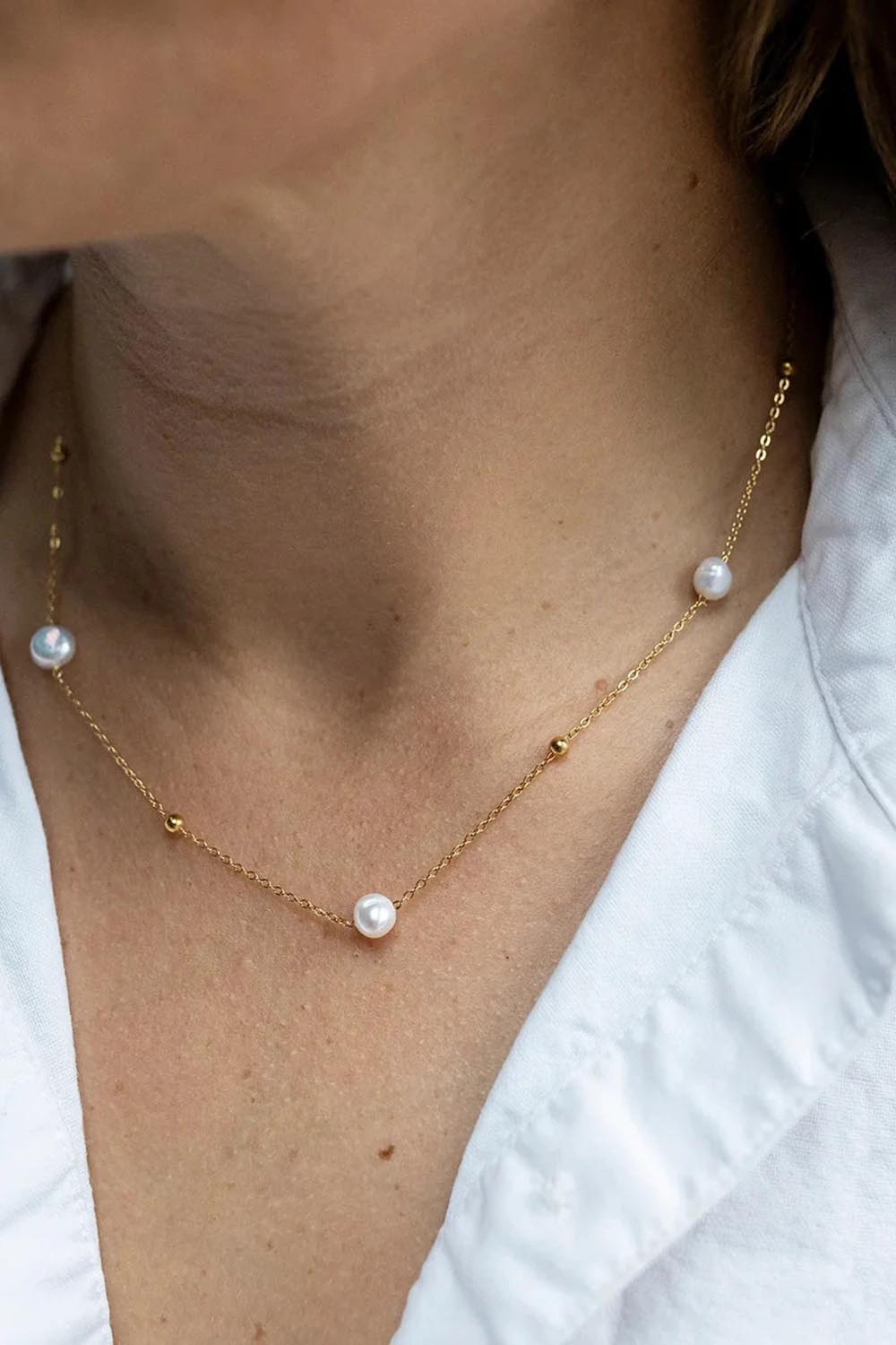 Product shot of the Amalfi Freshwater Pearl Necklace - Gold in colour Gold, from the front