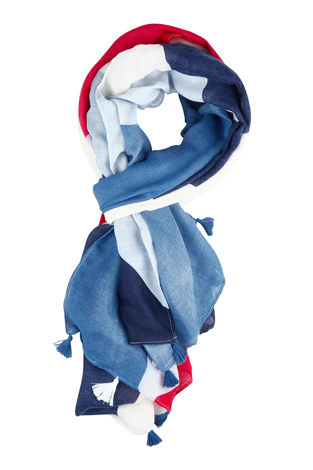 Product shot of the Alice Abstract Geo Scarf in colour Navywhtred (Blue), from the front
