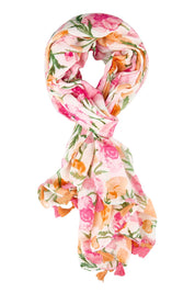 Product shot of the Coral Floral Lightweight Scarf - Pinkorange in colour Pinkorange, from the front