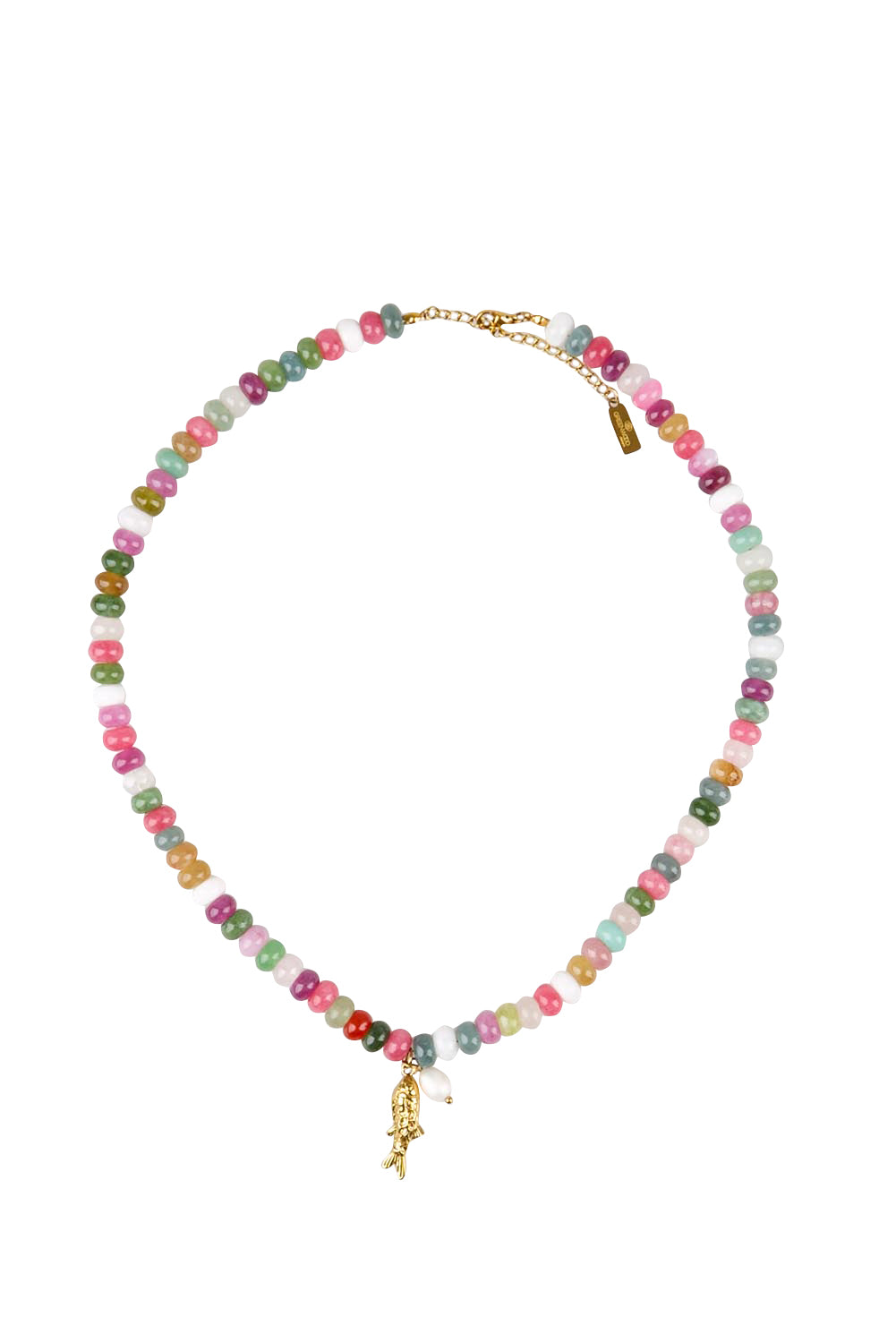 Product shot of the Fish & Pearl Necklace - Pastels in colour Pastels, from the front