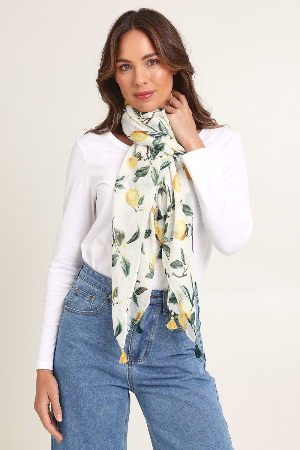 Model Madeline wearing the Lucy Lemon Lightweight Scarf in colour Lucylemon, from the front, showing the whole outfit