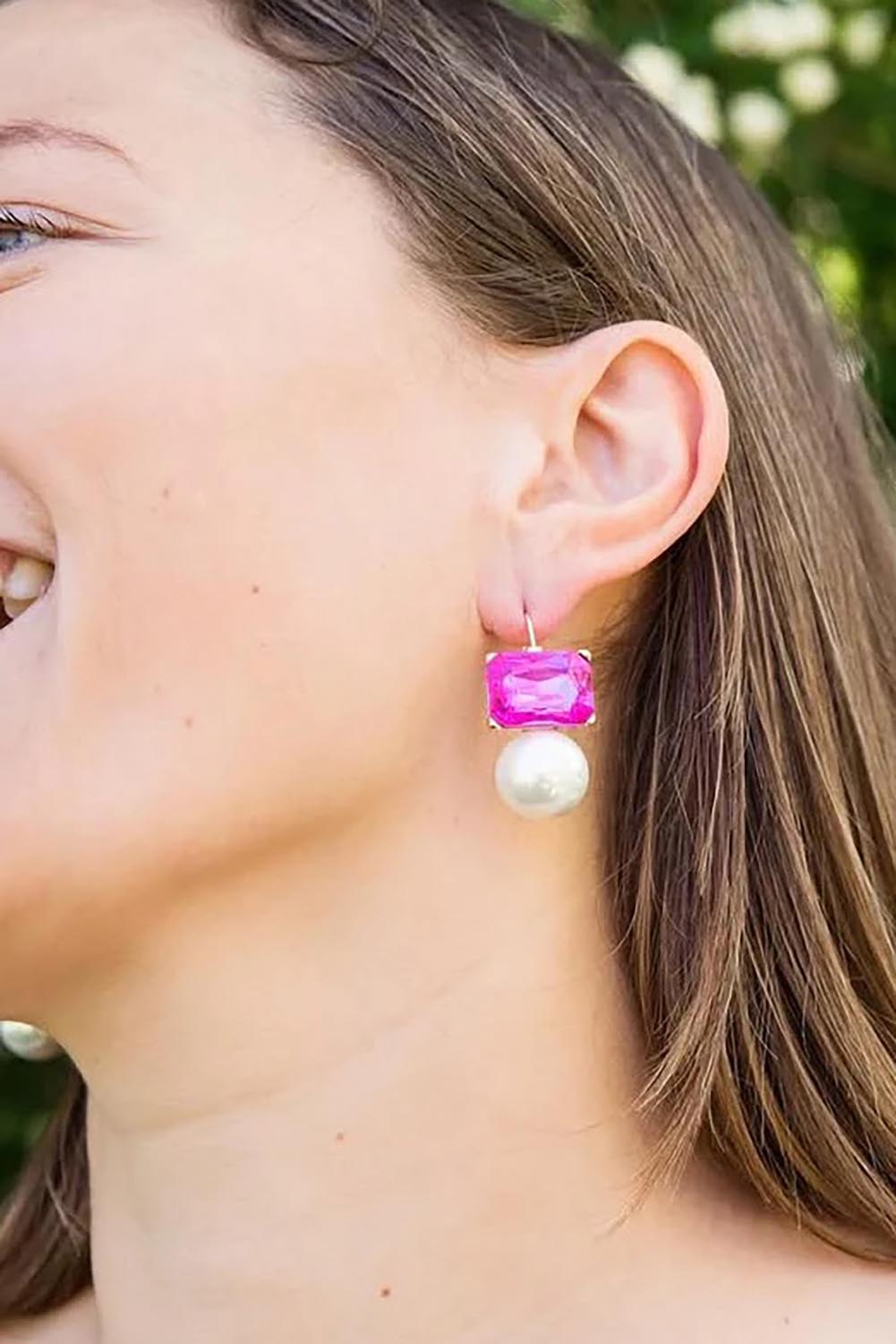 Maggie Crystal Faux Pearl Earring - Brightpink